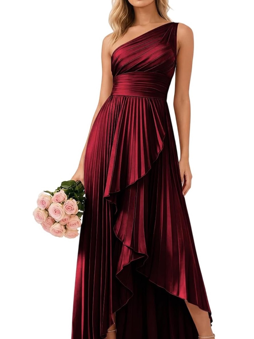 One-Shoulder Burgundy Pleated Evening Dress - Size 12 and 14 availab